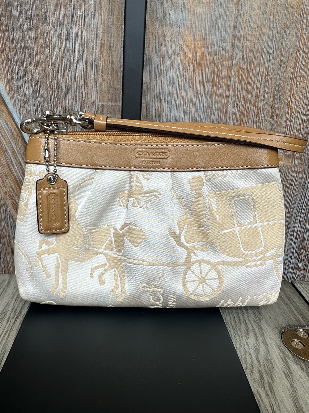 Coach Horse & Carriage Signature Canvas Wristlet Pouch Khaki and White